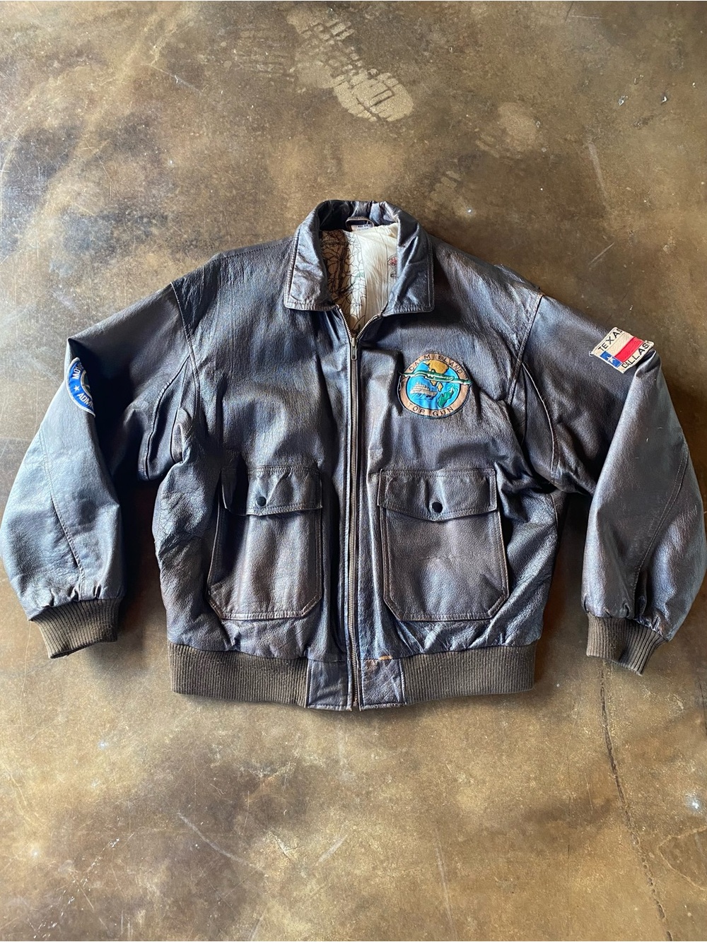 VTG 80s Rare Leather Flight Bomber Jacket Patches WW2 Map Liner Patina